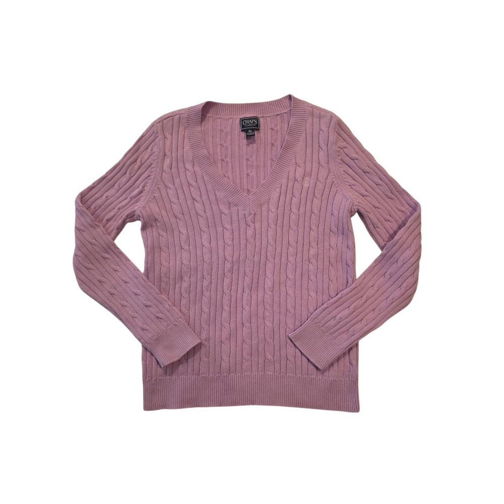 Chaps Womens Cable Knit Sweater XL Pink V Neck Cotton Ralph Lauren